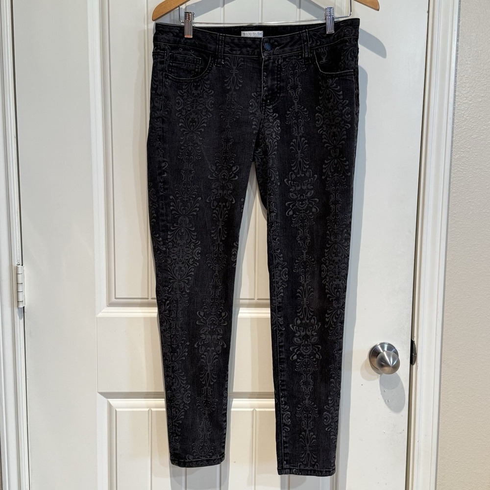 Bisou Bisou Baroque Flocked Skinny Jeans Paisley Scroll Print Women 10‎